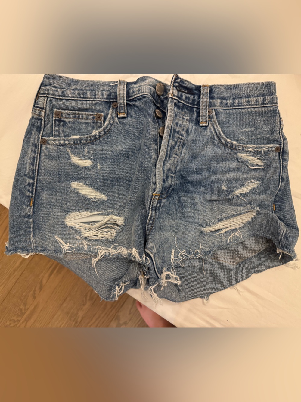 Denim Forum Light Blue Distressed Frayed Hem Denim Shorts